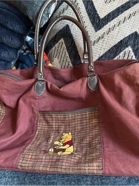 Disney Winnie the Pooh Burgundy Canvas Travel Tote with Brown Handles